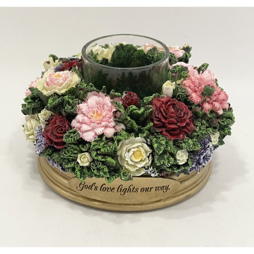 NIB 3D Floral Votive Candle Holder Resin Capodimonte Style God Religion Faith